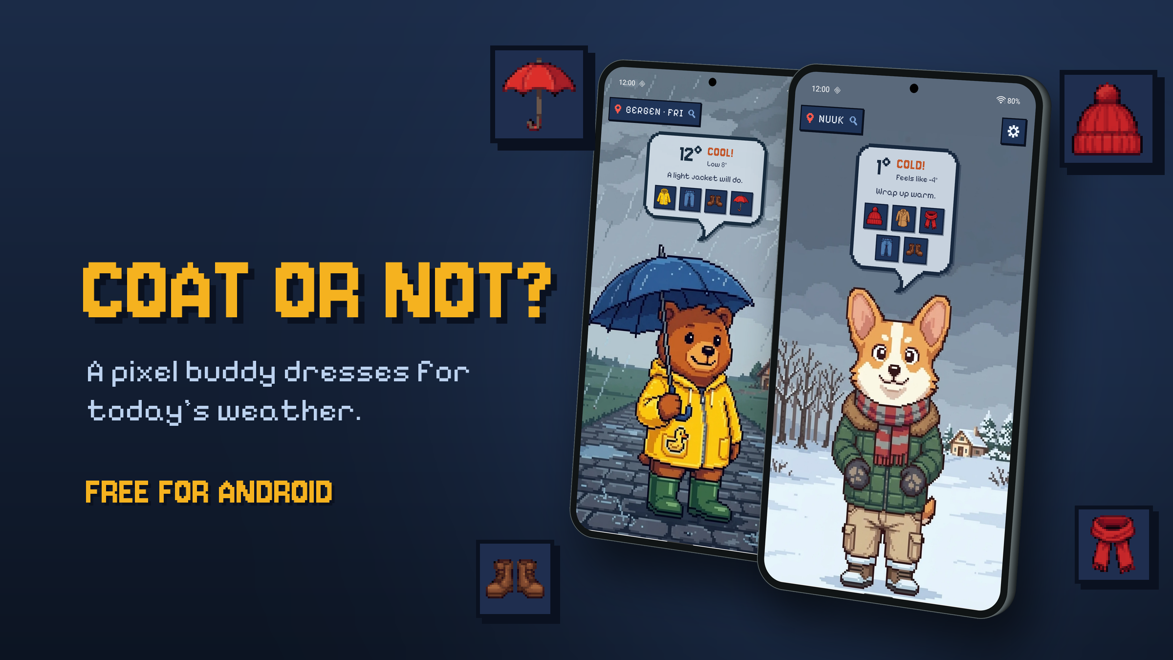 The app on two phones: a bear in a yellow raincoat and green boots under an umbrella for a rainy Friday in Bergen, and a corgi in a puffer jacket, scarf, gloves and boots for 1° in Nuuk